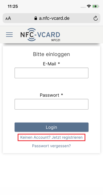1. Account bei nfc-vcard.de anlegen