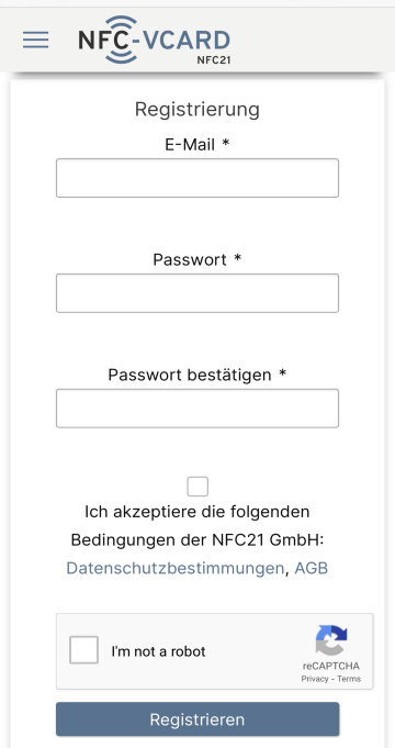 2. Account bei nfc-vcard.de anlegen
